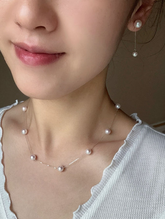 Freshwater Pearl Necklace and Earrings Set with White Gold Chain